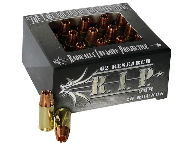 In Stock: G2 Research R.I.P. 9mm Luger Ammo 92 Grain G2 R.I.P. Fragmenting Hollow Point Lead Free Box of 100 rounds for sale